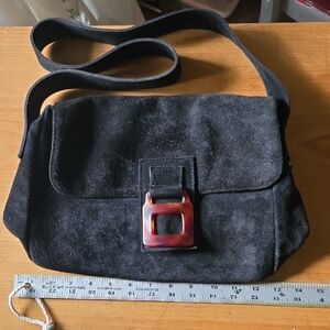 Black Suede Shoulder Bag with Tortoise Buckle